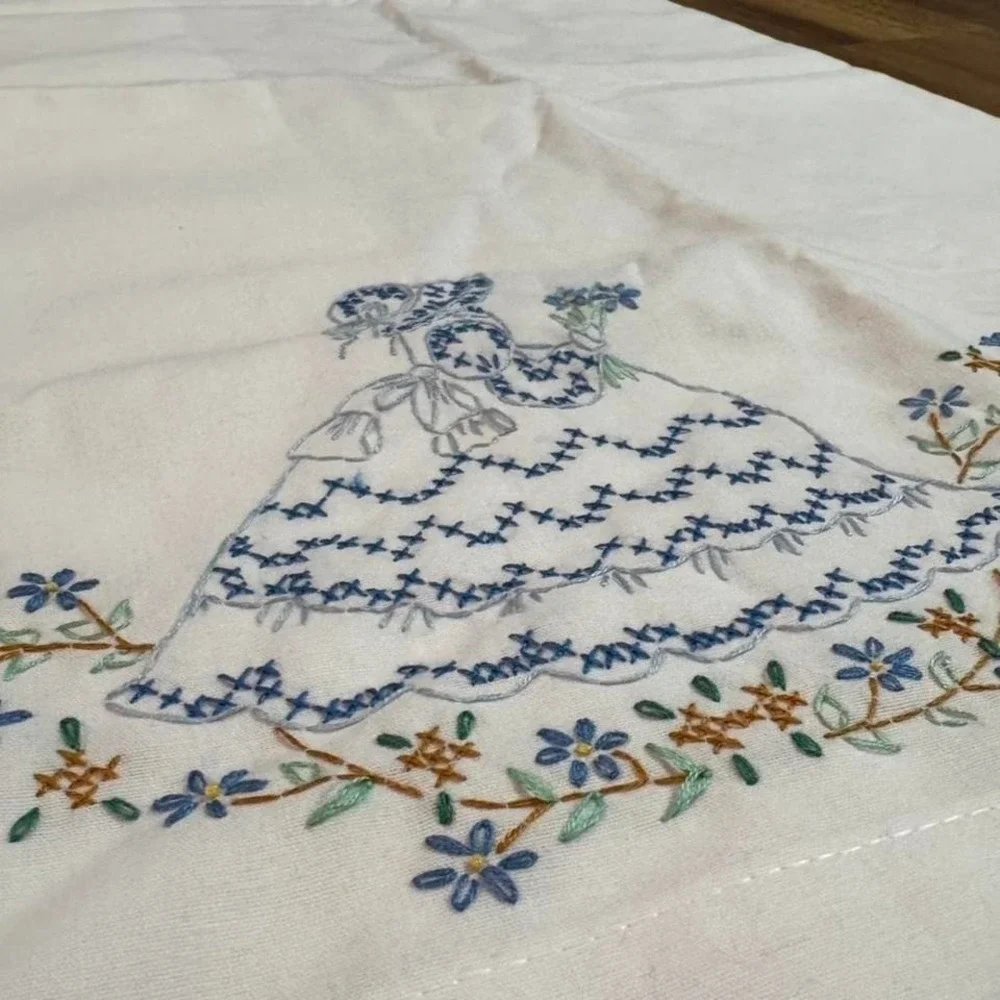 Embroidered cross stitched white pillowcase set of 2‎ w/ blue floral girl dress